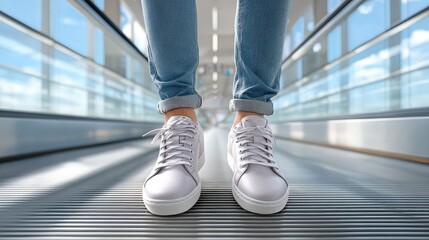 A close-up view of a person wearing stylish white sneakers while walking on a moving walkway, surrounded by a modern, bright environment.