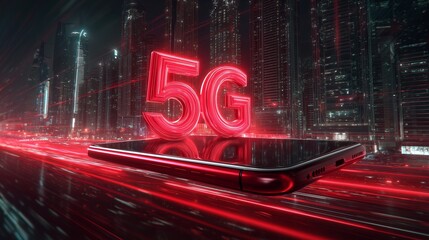 5G technology and smartphone showcase in a futuristic city at night with glowing buildings and dynamic light trails
