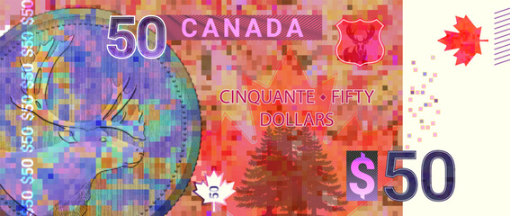 Vector fictional colored pixel mosaic banknote, denomination of 50 Canadian dollars. Medal with horned head of deer. Symbol of Canada, maple leaf. Spruce. Fifty. Red obverse of note