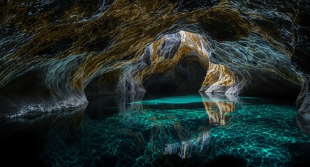 Stunning Underground Lake Reflection in a Cave, Teal Water and Golden Rock Formations
