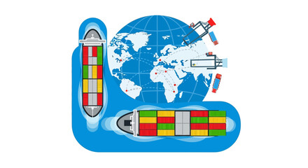 Stylized Global Shipping and Logistics Illustration with Cargo Ships, Containers, Cranes, and Globe with Location Markers