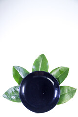 Black Ceramic Plate on Mangrove Leaves, White Background