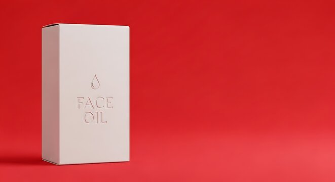 A light gray box, displaying the words "face oil", stands against a vibrant red background.