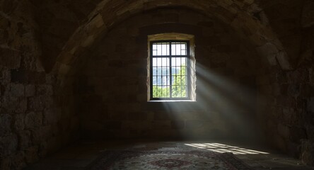 Sunbeams Streaming Through Window in Stone Room, Medieval Architecture, Interior Design, Light Rays