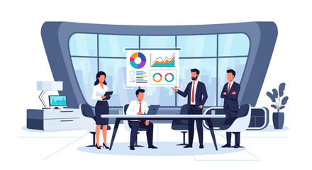 Business Team in Office Presenting Charts and Graphs During Collaborative Meeting