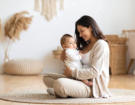 Happy mother holding baby girl on floor