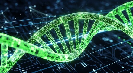 DNA strand molecule genetics science digital technology futuristic glowing green background 3D illustration