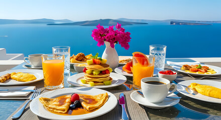 Breakfast spread with pancakes, crepes, juice, and coffee overlooking a scenic ocean view in santorini