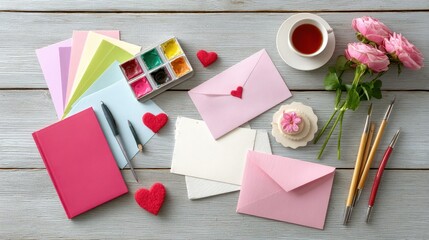 A creative workspace featuring colorful stationery, envelopes, flowers, and a cup of tea, perfect for crafting heartfelt notes or invitations.