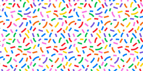 Bright multicolor seamless confetti pattern with playful shapes on white background, perfect for party, decoration, and festive design.