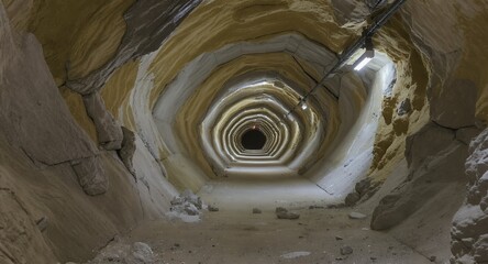 Underground Tunnel, Rock Formation, Industrial Interior, Dark passage, Long Corridor, Perspective View, Inner Space, Geological Structure, Rough Walls, Cave-like Tunnel, Subterranean Passage, Min