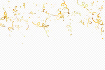 Shiny golden ribbon confetti falling on transparent background, perfect for party, celebration, and festive decorative design.