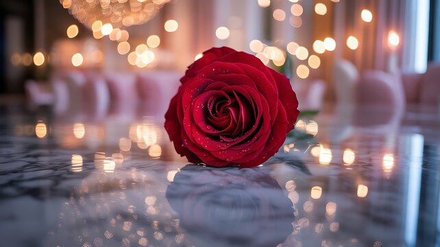 Single red rose on a marble table with bokeh background