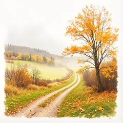 Fototapeta premium Autumn landscape with winding dirt road and colorful trees 
