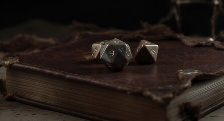 Vintage Polyhedral Dice on Leather-Bound Book, Fantasy RPG Game Concept