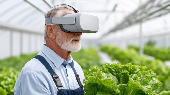An elderly man in a greenhouse uses virtual reality technology while holding lettuce, blending farming and innovation. - Powered by Adobe
