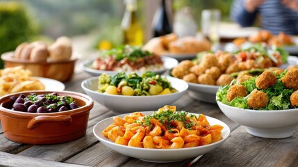 Fototapeta premium A vibrant outdoor dining scene featuring a variety of delicious dishes, including pasta, salads, and olives, perfect for a gathering or celebration.