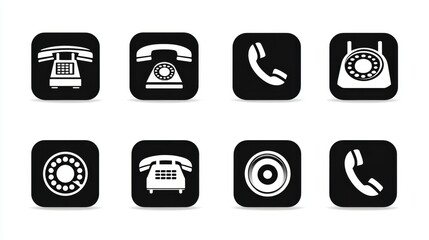 Flat vector illustration of phone icons including landline, smartphone, chat bubble, and call symbols for contact and communication on a clean white background
