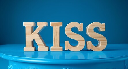 Wooden letters spelling KISS on blue background