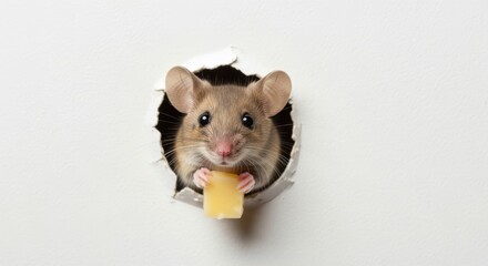 Small Rodent Peeking Through a Hole Eating Cheese