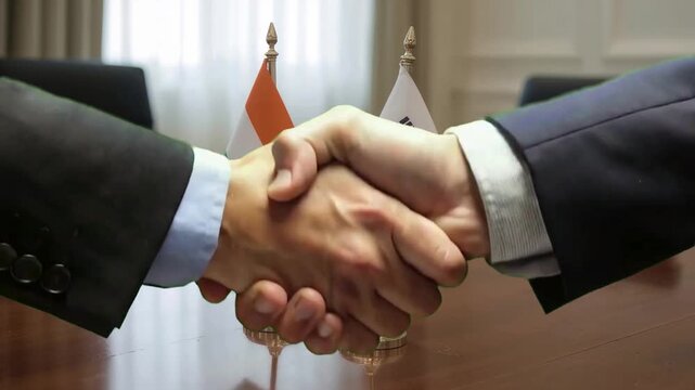 India and South Korea flags on table for international business negotiation, diplomacy and trade agreement with global partnership relations