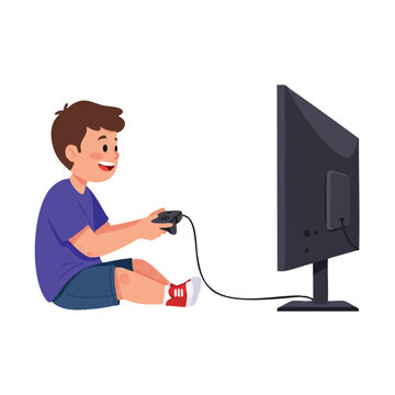 Flat 2D vector illustration features a happy young boy sitting on the floor, intensely focused on a video game displayed on a large TV screen, all against a clean white background.