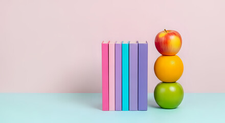 Obraz premium Stack of colorful books with apple orange and green apple on a light blue and pink background