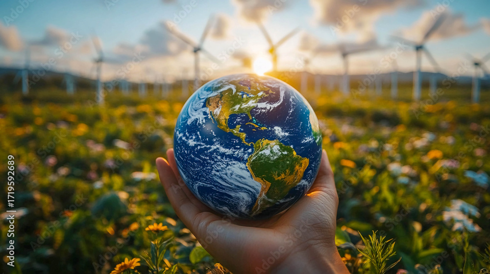 Poster a hand holding a miniature earth in front of a field of greenery and many wind turbines. the importa