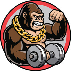 Aggressive gorilla mascot lifting dumbbell, strong ape showing muscles with gold chain, powerful gym and fitness logo, wild animal character for sports. © Mahmud's World