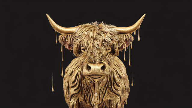 Surreal Highland Cow Dripping with Molten Gold on Black Background Modern Surrealist Farm Animal Art