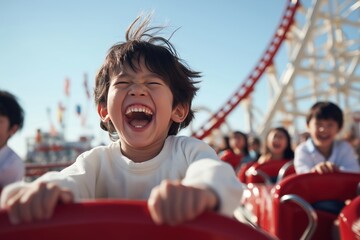 Joyful asian boy riding roller coaster in amusement park with friends on sunny day.