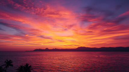 Fototapeta premium Vibrant Sunset Over Ocean with Silhouetted Palm Trees