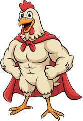 Buff superhero chicken with red cape, muscular rooster character with big smile, strong animal mascot ready for adventure, standing confidently in a powerful pose.