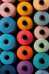 Rows of colorful spools of thread arranged neatly, showcasing vibrant hues and textured material.