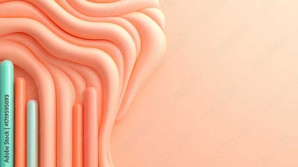 Poster smooth flowing curves and vertical lines in soft coral and mint green colors on a pastel background