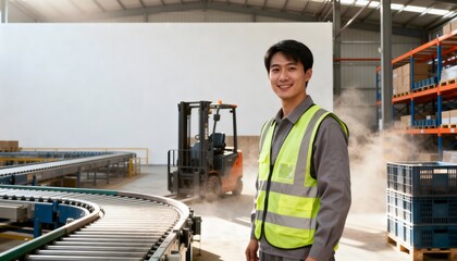 Fototapeta premium World Post Day – Portrait of logistics employee in reflective vest by curved conveyor and forklift inside bright warehouse; uncluttered white background leaves room for copy.