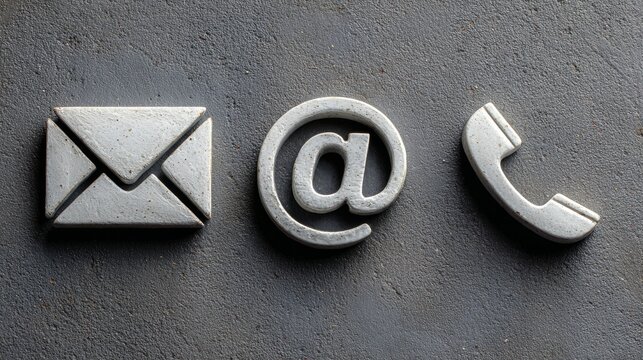 White email, phone, and at symbol icons arranged on a textured gray background for digital communication, contact, and network concept vector illustration