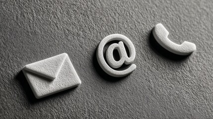 White email, phone, and at symbol icons arranged on a textured gray background for digital communication, contact, and network concept vector illustration