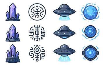 Mystical crystals, alien ufos, and cosmic energy symbols icons set