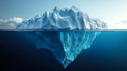 Dramatic iceberg floating in deep blue ocean waters, a symbol of hidden potential and environmental challenges, inspiring awe and concern in viewers