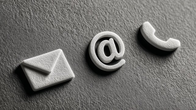 White email, phone, and at symbol icons arranged on a textured gray background for digital communication, contact, and network concept vector illustration
