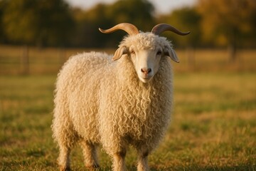 Fototapeta premium Curly-haired goat in pasture