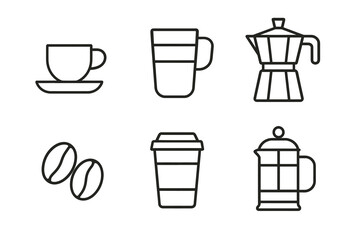 Obraz premium Minimalist coffee icons set featuring mugs, beans, and brewing devices