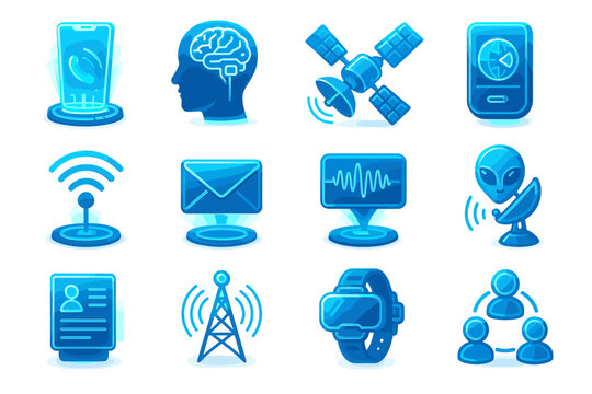 Technology icon set: smartphone, brain, satellite, communication, alien