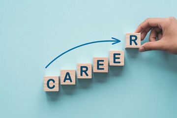 Hand placing wooden blocks spelling career with arrow showing professional growth progress.