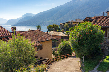 Morgenstimmung am Lago di Como mit spiegelnder Wasserfläche; Blick von Olgiasca nach Süden - auf  Menaggio; Dervio und Bellano