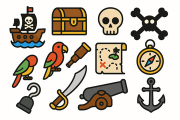 Colorful pirate icons: ship, treasure chest, skull, and more