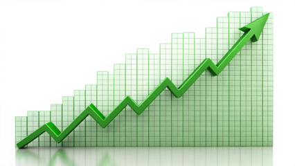 Green line graph showing upward trend on grid isolated on a transparent background