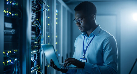 Focused IT professional maintaining server network with laptop in a modern data center, ensuring optimal performance and security in a vibrant, high-tech environment