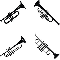 Trumpet vector icons set featuring four unique designs. Perfect for jazz, orchestra, music festival posters, band graphics, and creative projects. High-quality musical instrument illustration.